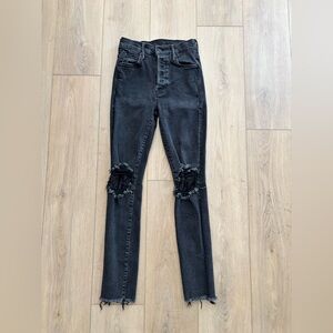 MOTHER Super Skinny Distressed Black Ankle Fray Jeans 24